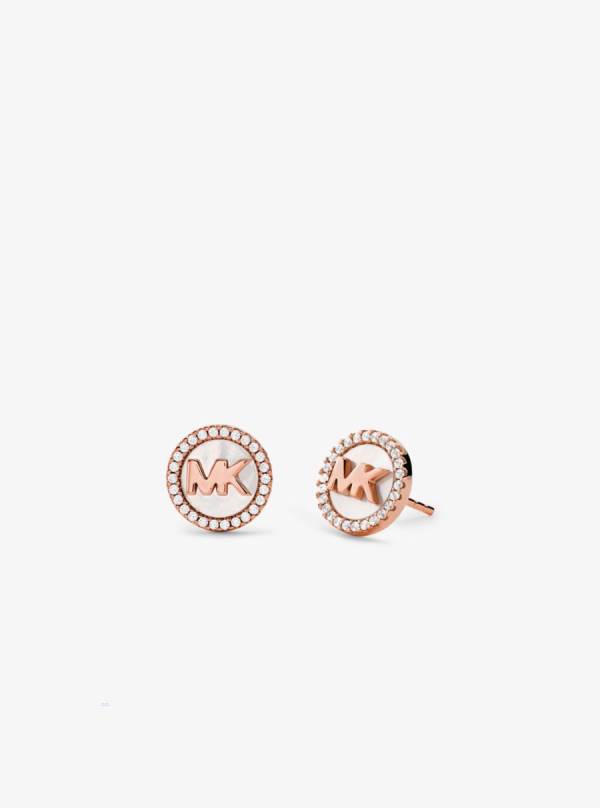 Damske Nausnice Michael Kors Precious Metal-Plated Sterling Silver Pavé Logo Stud Ruzove Zlate - Šperky Michael Kors Levně | JCOTD-1548